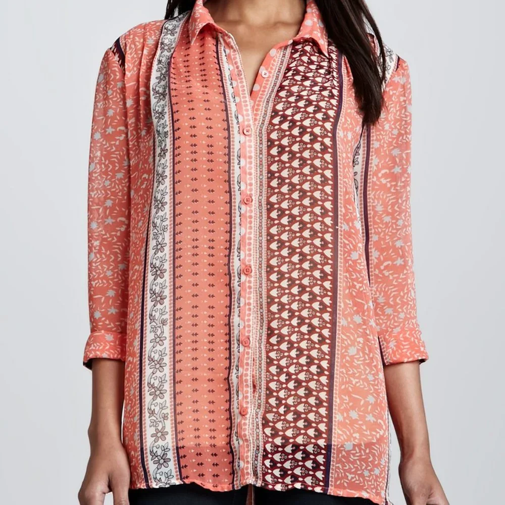 Free People Moonlight Mile Mixed-Print Top in Hot Coral Combo